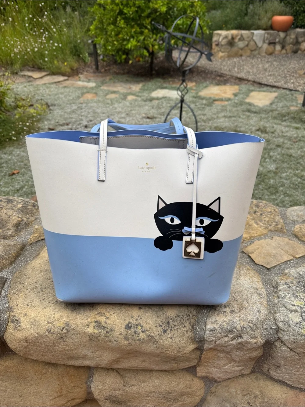Kate Spade large White & Light Blue Tote with Black Cat Graphic